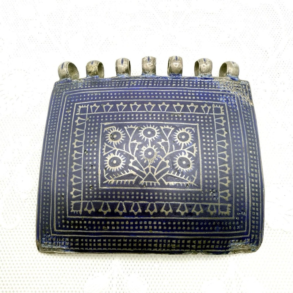 Vintage Big Multan Blue Enamel Silver Tone Floral Pendant